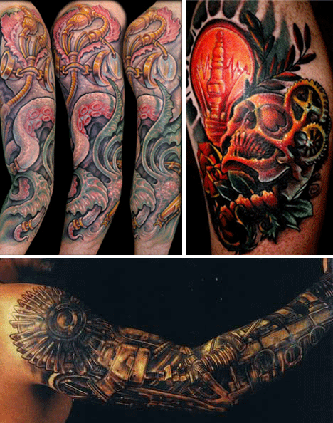 mechanical tattoos. steampunk tattoos run the