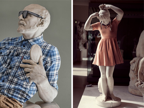 greek statues dressed as hipsters