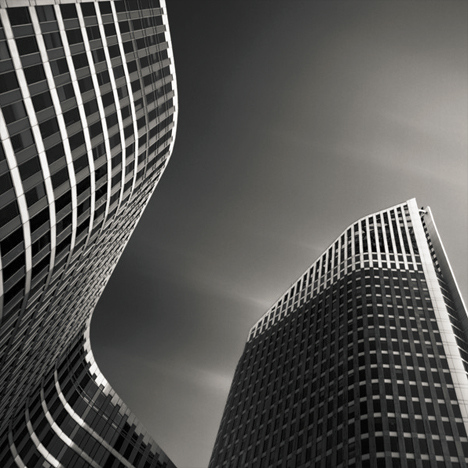 black white curved buildings