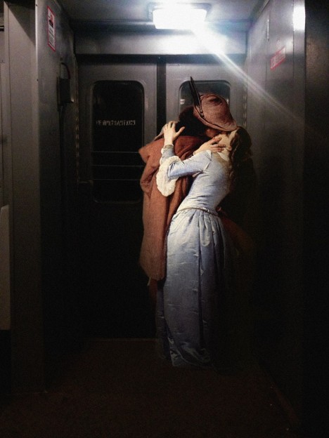 art kissing train cars